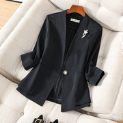 黑色无领西装外套女夏薄款小个子短款上衣时尚气质休闲七分袖西服