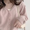 奶fufu的粉色~爱心纽扣短款针织毛衣韩国复古v领少女开衫外套