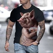 抖音动物短袖体恤男3D立体印花图案黑色调皮猪个性大码衣服体恤潮