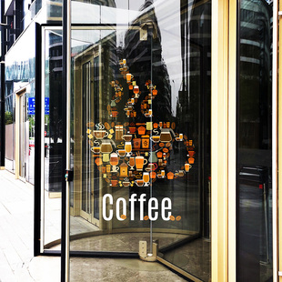 商场店铺咖啡店咖啡主题橱窗，氛围布置门贴窗贴玻璃，贴纸静电贴膜