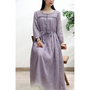 新中式高级感浅紫色亚麻连衣裙，女高腰系带温，柔风棉麻长裙宽松大码
