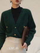 法式复古墨绿色v领针织开衫，女秋冬时尚洋气，显瘦毛衣女内搭厚