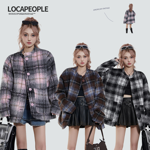 loca people 美式格子磨毛夹棉加厚毛呢衬衫短外套宽松棉服女秋冬