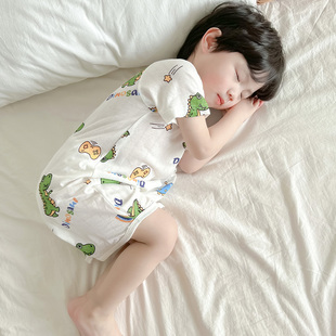 儿童连体睡衣夏季男童短袖1一2岁宝宝恐龙睡袍薄款男宝连身防着凉