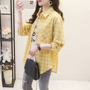 棉布薄款格子衬衫女长袖，2023夏季韩版宽松衬衣黄色防晒衣外套