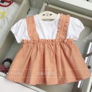 韩国原d童装 20年夏女童纯棉橘色格子假两件短袖T恤裙衫G7