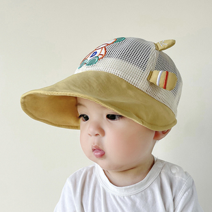 婴儿防晒帽子夏季男童，卡通小熊网格太阳帽，宝宝夏天透气大檐遮阳帽