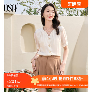 OSA欧莎职业OL短袖雪纺衬衫上衣女2024年夏季通勤气质V领衬衣