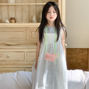 韩版女童背心裙2024夏季白色，棉布连衣裙棉质，打底t恤两件套装