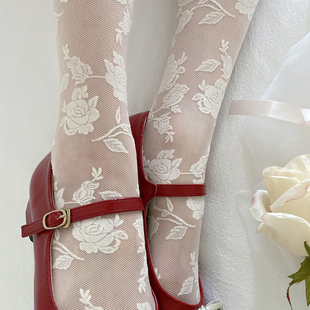 温柔奶油色丝袜夏薄款日系甜美浪漫玫瑰蕾丝，复古新娘袜子女连裤袜