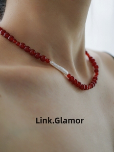 红玛瑙项链link.glamor设计天然巴洛克珍珠本命年招财转运锁骨链