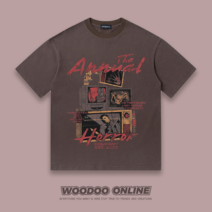 复兴海报 WOODOO 设计师品牌 美式复古电视做旧字母 男女短袖T恤