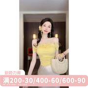 雅乔花卉茸茸春夏露肩辣妹名媛风一字领花朵短袖针织上衣女