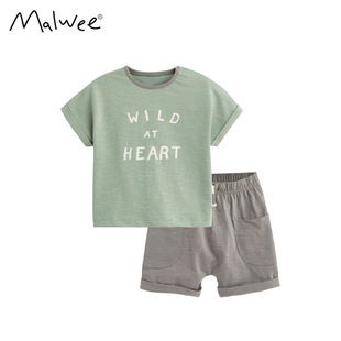 malwee男童短袖套装夏季欧美儿童纯棉印花上衣松紧短裤两件套