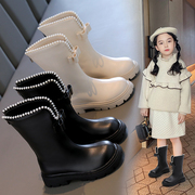 女童长靴2023秋冬季皮靴小女孩蝴蝶结公主靴时装靴二棉长筒靴