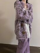 紫色流苏牛角扣针织开衫，女秋季小众复古设计感宽松慵懒毛衣外套潮