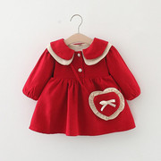 1-3岁女童加绒连衣裙秋冬装2婴儿娃娃领公主，裙一周岁宝宝红色裙子