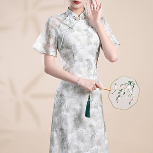 雪纺中式小个子旗袍中长款透明袖，日常文艺连衣裙2023夏年轻(夏年轻)款