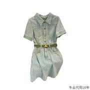 香港设计感竖条纹牛仔连衣裙，女夏季大码港风复古气质收腰短袖裙子