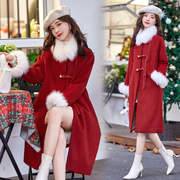 新年红色小香风羽绒服女冬季2023中国风中式中长羊毛大衣外套