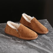 冬季保暖棉鞋真皮纯羊毛雪地靴，平底懒人鞋一脚蹬女短筒面包鞋