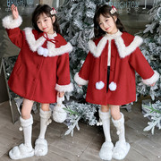 女童毛呢外套年服冬装，2023儿童夹棉加厚中大甜美大衣红色长袖