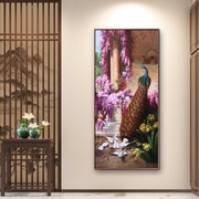 纯手绘竖款欧美风格孔雀油画，现代轻奢时尚高端玄关走廊墙壁挂画
