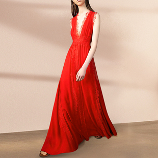 仙气红色深v无袖连衣裙蕾丝，拼接大摆及踝，长裙掐腰裙高级感御姐裙