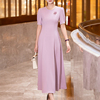 商务优雅连衣裙女夏季2024时尚粉紫色圆领短袖长款显瘦大摆裙