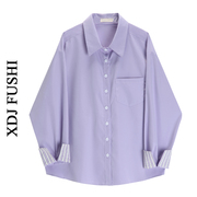 韩版紫色拼接条纹polo领衬衫女春宽松休闲长袖，设计感小众衬衣
