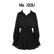 Ms XIDU原创设计感修身包臀短裙辣妹黑色长袖衬衫领纽扣连衣裙女