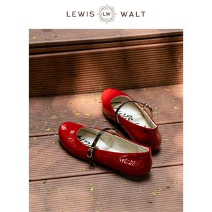 Lewis Walt复古圆头牛漆皮玛丽珍一字扣平底芭蕾法式小红鞋软底