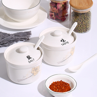 中式陶瓷调味瓶罐调味罐，调料盒厨房，用品家用糖罐盐罐辣椒罐带盖勺