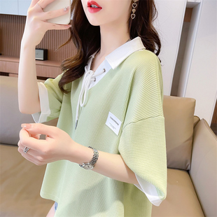 设计感小众短袖t恤女夏季韩版宽松大码撞色百搭华夫格假两件上衣