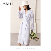 Amii2024春新含醋酸配腰带双排扣配腰带长款风衣女高开叉上衣外套