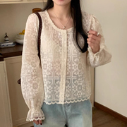 韩国chic春季复古重工镂空钩花蕾丝，衬衫女小众设计喇叭袖上衣