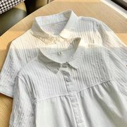 2023夏装白色短袖衬衫，女韩版宽松文艺娃娃领纯棉半袖女士衬衣