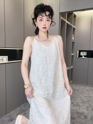 rrfashion连衣裙女2024夏季法式重工亮片吊带裙蕾丝长裙
