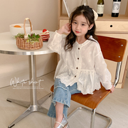 女童法式蕾丝花边衬衫，2024春装宝宝，时髦长袖上衣韩版儿童衬衣