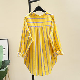 黄色条纹衬衫女2024春季韩版蝙蝠，袖中长款衬衣，设计感上衣外套