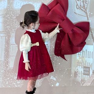 女童红色连衣裙2023冬装宝宝，加绒背心裙，儿童洋气公主裙新年装