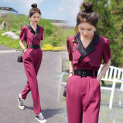 韩版夏装时尚拼色西装领泡泡袖，双排扣高腰显瘦火龙果色连体裤