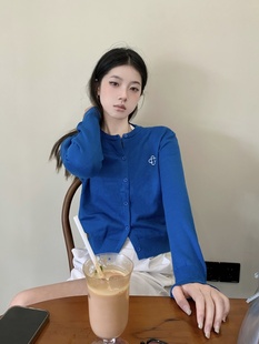 宝蓝色刺绣针织衫女秋季韩版2024短款显瘦小个子圆领长袖毛衣