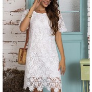 欧美速卖通夏季圆领白色镂空不规则花边蕾丝短袖连衣裙礼服DRESS
