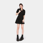mucha黑色衬衫裙，小黑裙短袖收腰衬衣，连衣裙短裙女装夏季短款裙子