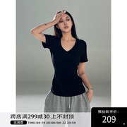 Angelapopewang 美式辣妹时尚百搭黑色V领短袖T恤女夏季TEE