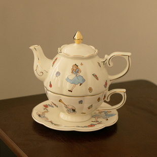 法式描金陶瓷爱丽兔子茶壶子母，壶下午茶具红茶，咖啡花茶杯家用欧式