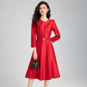 HONB红贝缇冬季丝毛红色连衣裙女装收腰显瘦气质长袖中国红裙