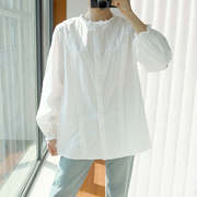 大码衬衫女胖mm200斤长袖春秋，宽松正肩设计感纯棉，花边立领白衬衣(白衬衣)