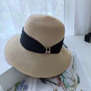 太阳帽女夏天出游搭配时尚，金属扣草帽，遮阳防晒清凉帽子折叠渔夫帽